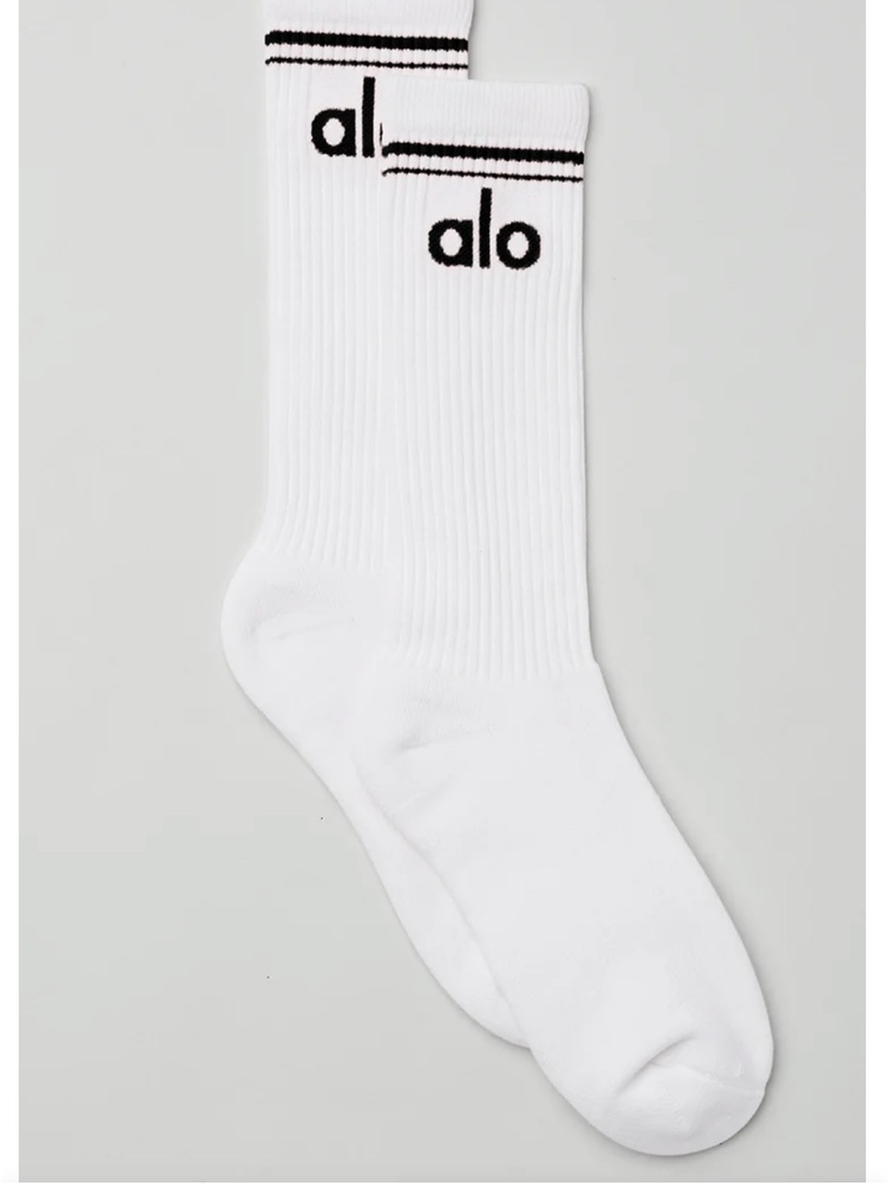 ALO Yoga White Crew Socks with Black Logo Accent